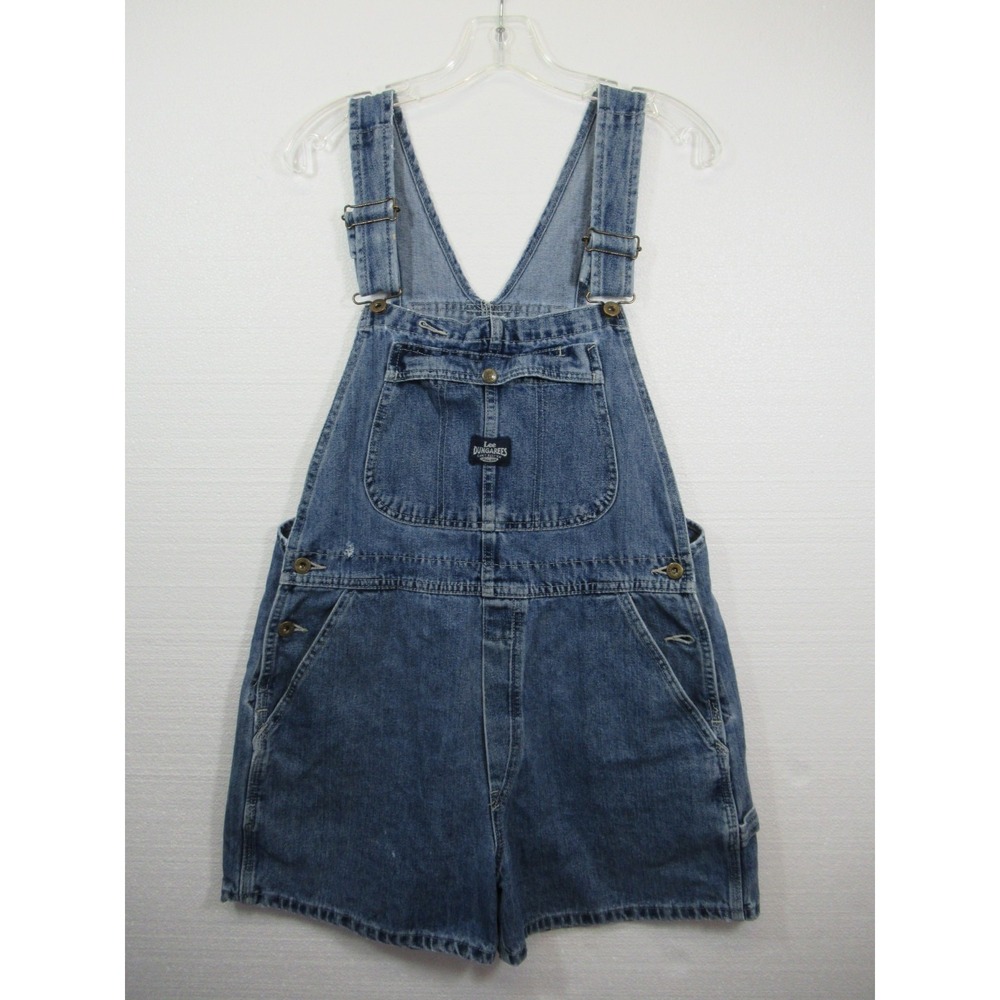 Vtg 90s Lee Dungarees Shortalls Women L Distressed Denim Bib Shorts Overalls